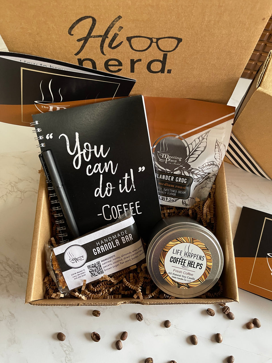 Hi Nerd Gift Box with Journal, Gourmet Coffee, Granola, & Coffee Candle