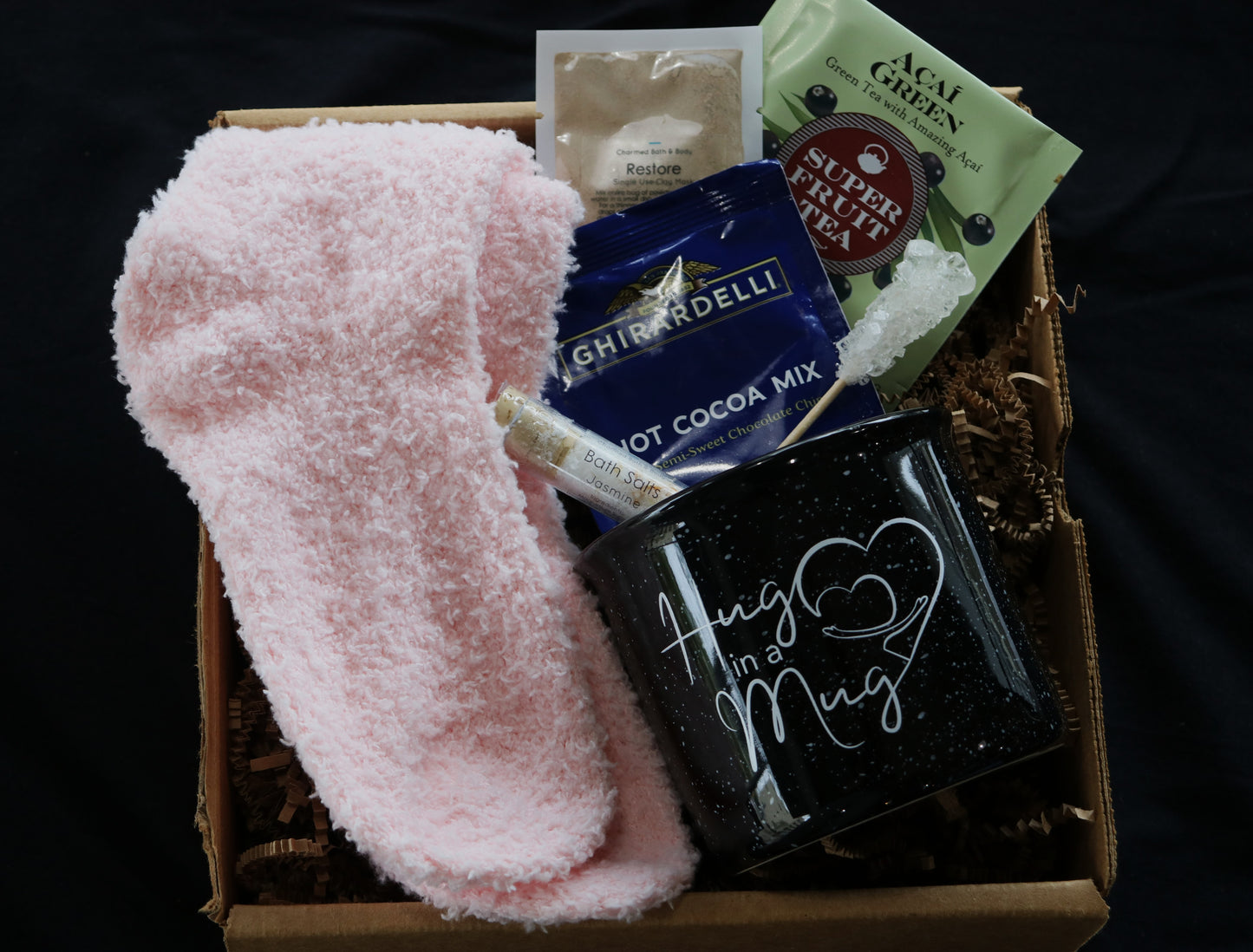 Cozy Care Gift Basket: A Hug In A Mug, Fuzzy Socks, Hot Cocoa, Tea, Face Mask, Bath Salts, and Sugar Stick Gift Basket