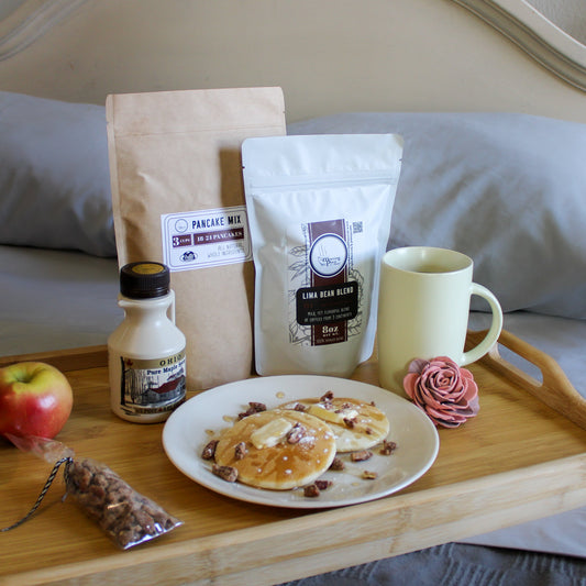 Breakfast in Bed Gift Box with Pancakes, Maple Syrup, and Coffee, and Wood Flower Magnet Mother's Day Gift Basket - The Meeting Place on Market