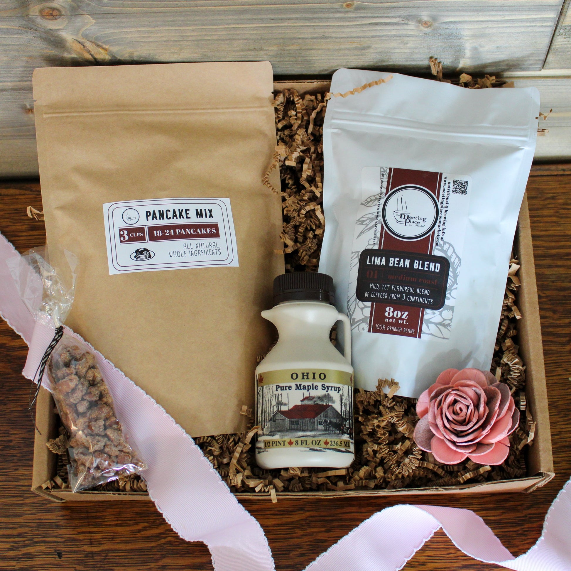 Breakfast in Bed Gift Box with Pancakes, Maple Syrup, and Coffee, and Wood Flower Magnet Mother's Day Gift Basket - The Meeting Place on Market