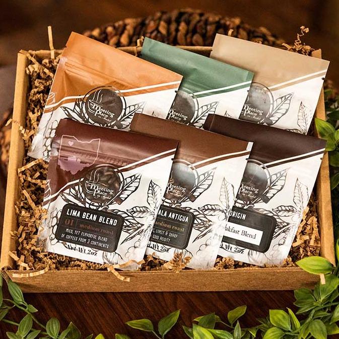 Dark Roast Gourmet Coffee Sampler Gift Basket, Set of 6 Coffees in Gift Box Father's Day Gift Basket - The Meeting Place on Market