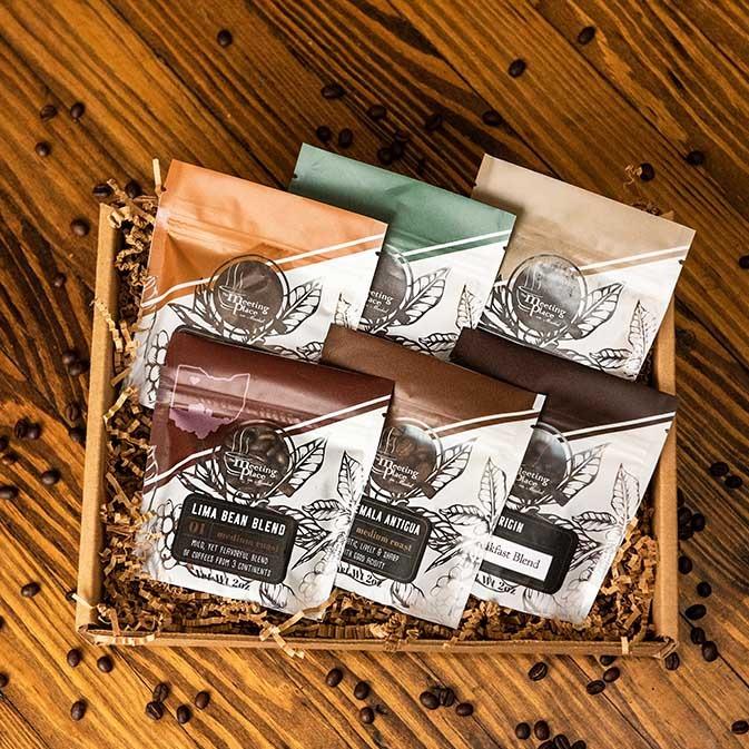 Dark Roast Gourmet Coffee Sampler Gift Basket, Set of 6 Coffees in Gift Box Father's Day Gift Basket - The Meeting Place on Market
