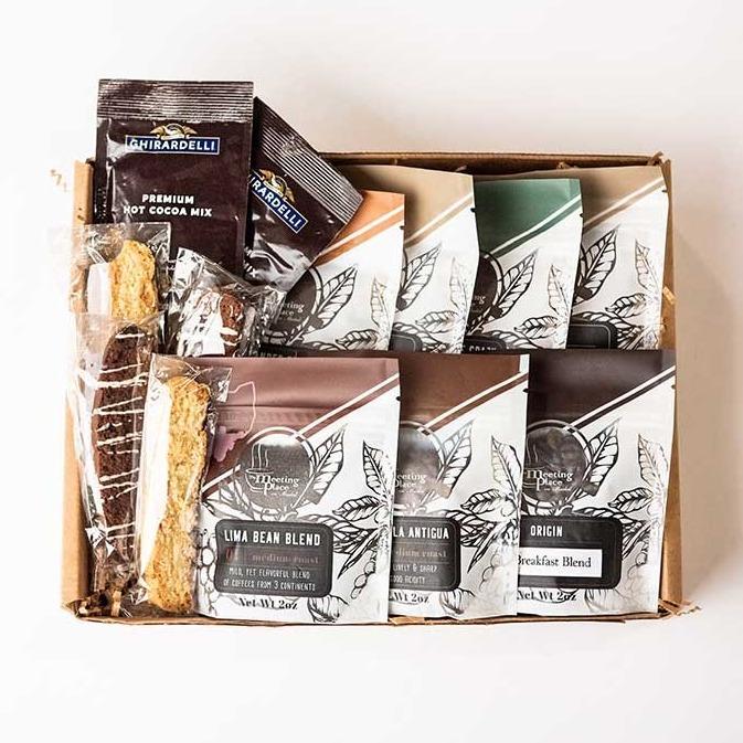 Father's Day Deluxe Coffee Gift Basket with 7 Coffees, Biscotti and Hot Cocoa Father's Day Gift Basket - The Meeting Place on Market