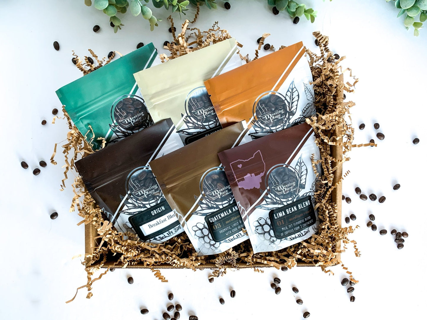 Flavored Coffee Lover's Sampler, Set of 6 in Gift Box with Ribbon Valentine's Day Gift Basket - The Meeting Place on Market