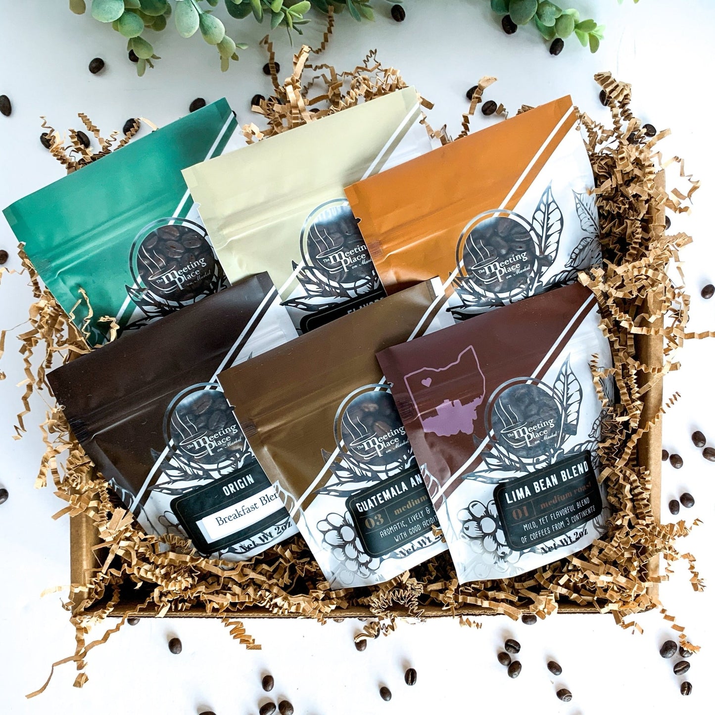 Flavored Coffee Lover's Sampler, Set of 6 in Gift Box with Ribbon Valentine's Day Gift Basket - The Meeting Place on Market