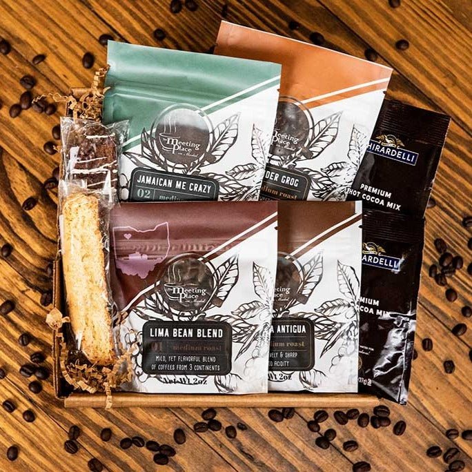 Gourmet Coffee, Biscotti, & Cocoa Sampler Gift Box Sampler Gifts - The Meeting Place on Market