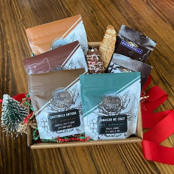 Holiday Flavored Coffee Sampler with Coffee, Cocoa, and Biscotti Christmas Gift Basket - The Meeting Place on Market