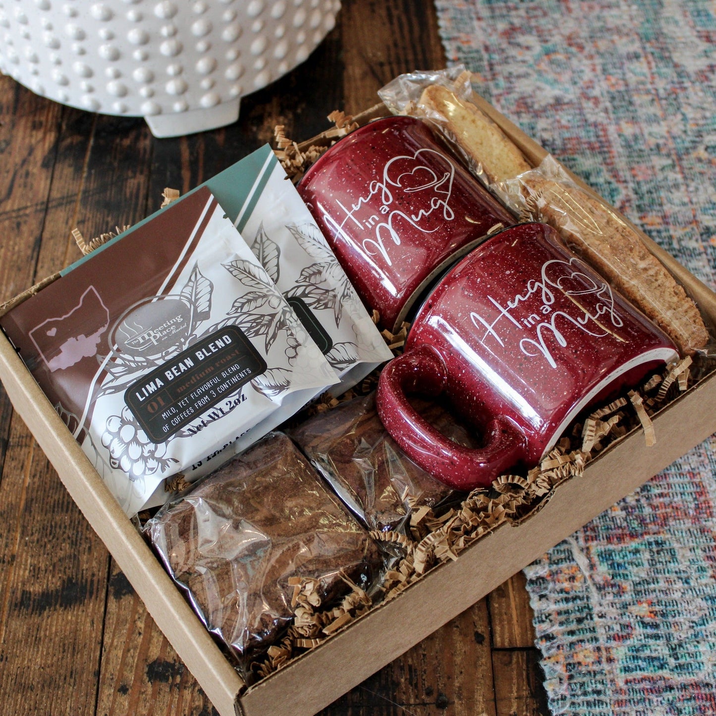 Mother's Day Gift Basket, Two "Hug in a Mug" Coffee Mugs, Biscotti and Brownie Gift Mother's Day Gift Basket - The Meeting Place on Market