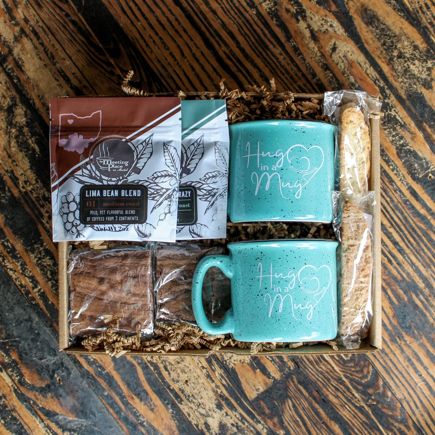 Mother's Day Gift Basket, Two "Hug in a Mug" Coffee Mugs, Biscotti and Brownie Gift Mother's Day Gift Basket - The Meeting Place on Market