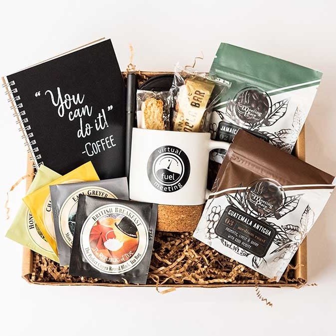 Virtual Meeting Coffee and Tea Gift Box with Mug, Notebook, Pen, and Snacks Corporate Gift Baskets - The Meeting Place on Market