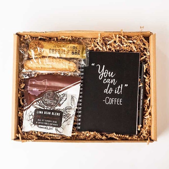 Virtual Meeting Coffee Gift Box with Notebook, Pen, and Snacks Corporate Gift Baskets - The Meeting Place on Market