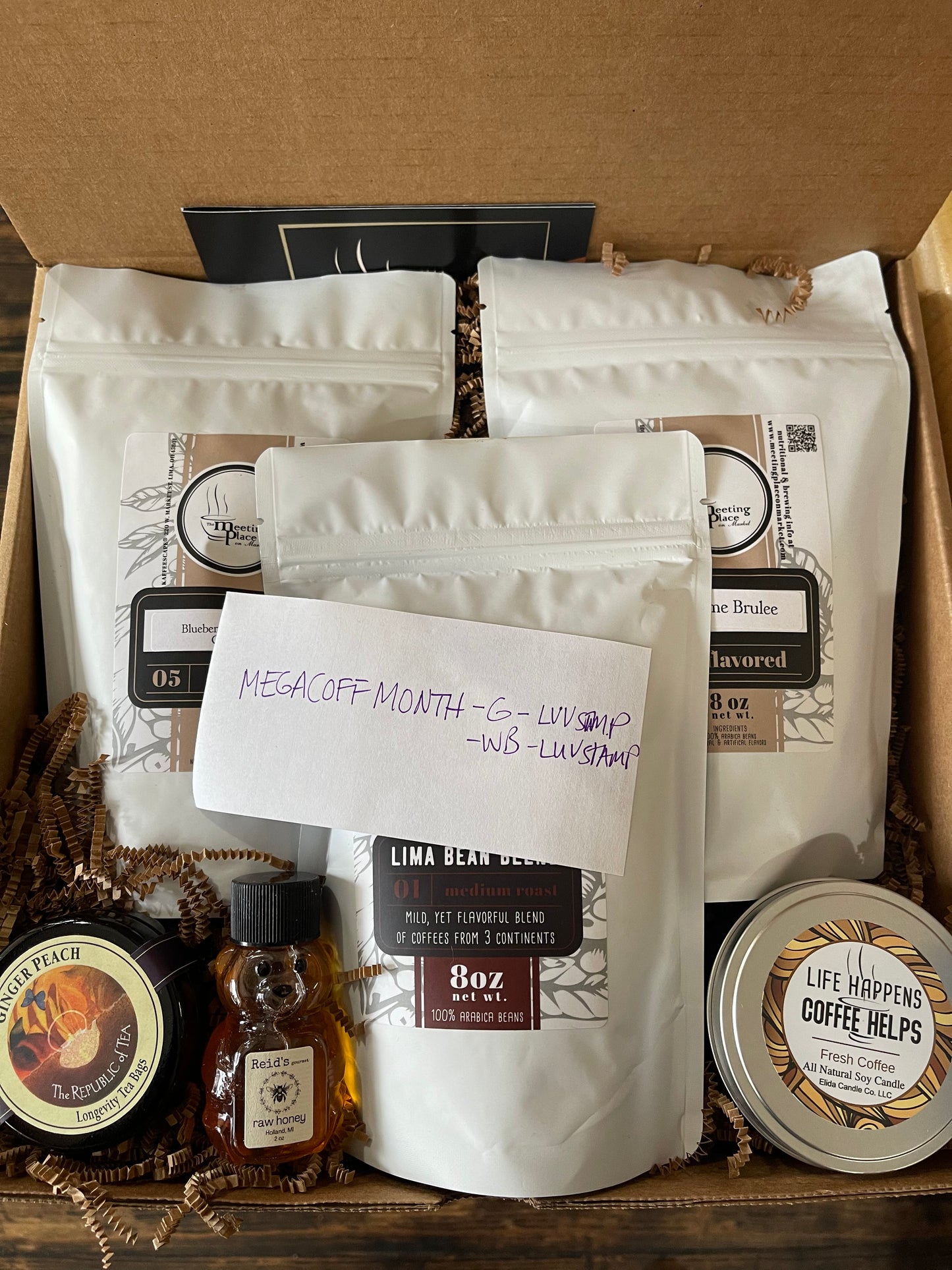 Coffee of the Month Deluxe Box with 3 Large Bags of Gournet Coffee, Tea, Honey, and Candle