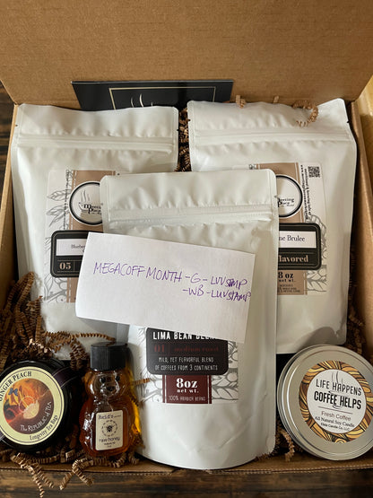 Coffee of the Month Deluxe Box with 3 Large Bags of Gournet Coffee, Tea, Honey, and Candle