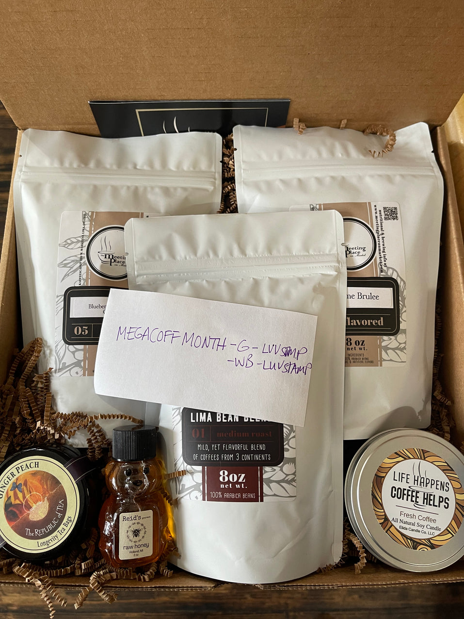 Coffee of the Month Deluxe Box with 3 Large Bags of Gournet Coffee, Tea, Honey, and Candle