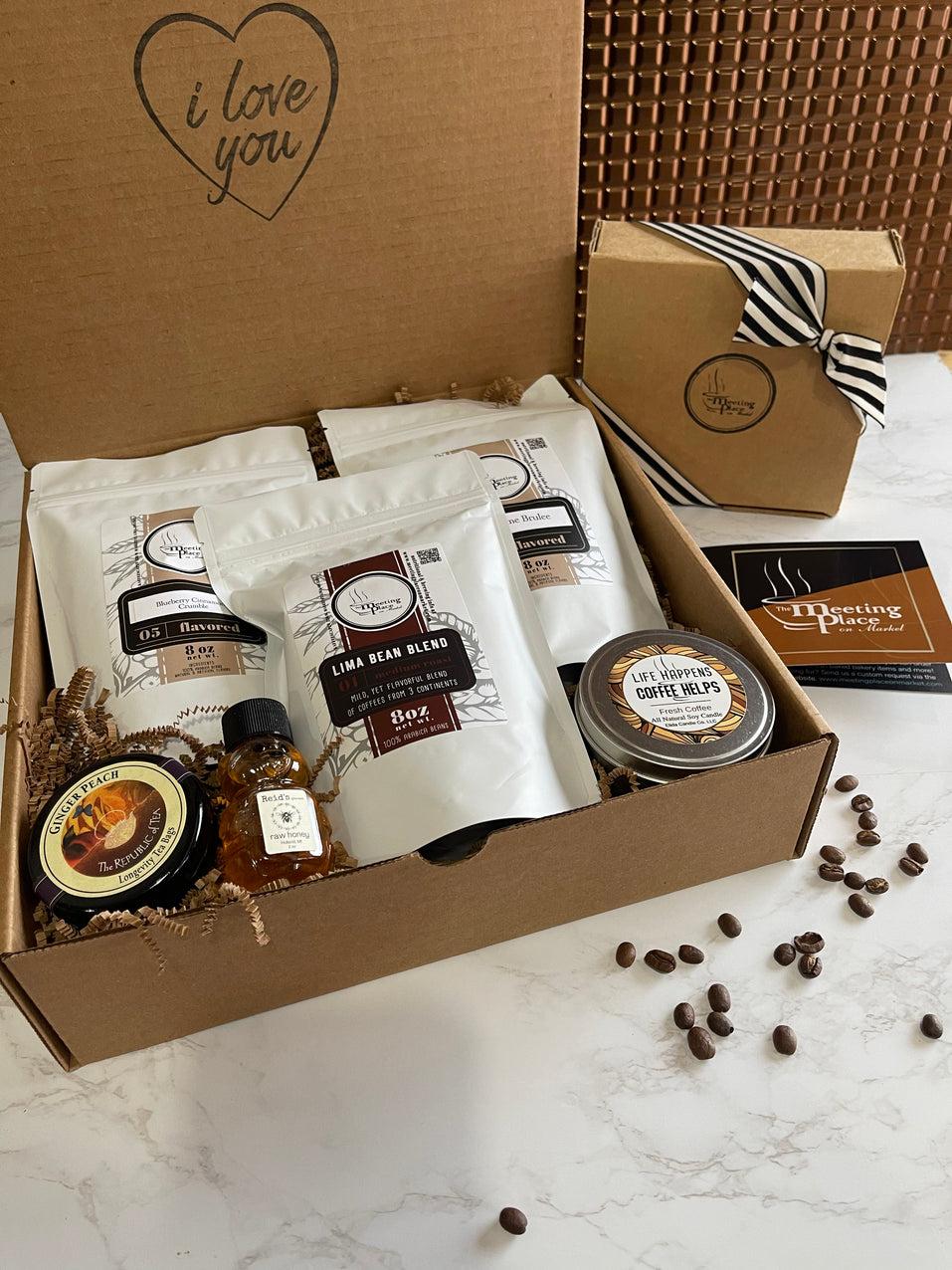 Coffee of the Month Deluxe Box with 3 Large Bags of Gournet Coffee, Tea, Honey, and Candle