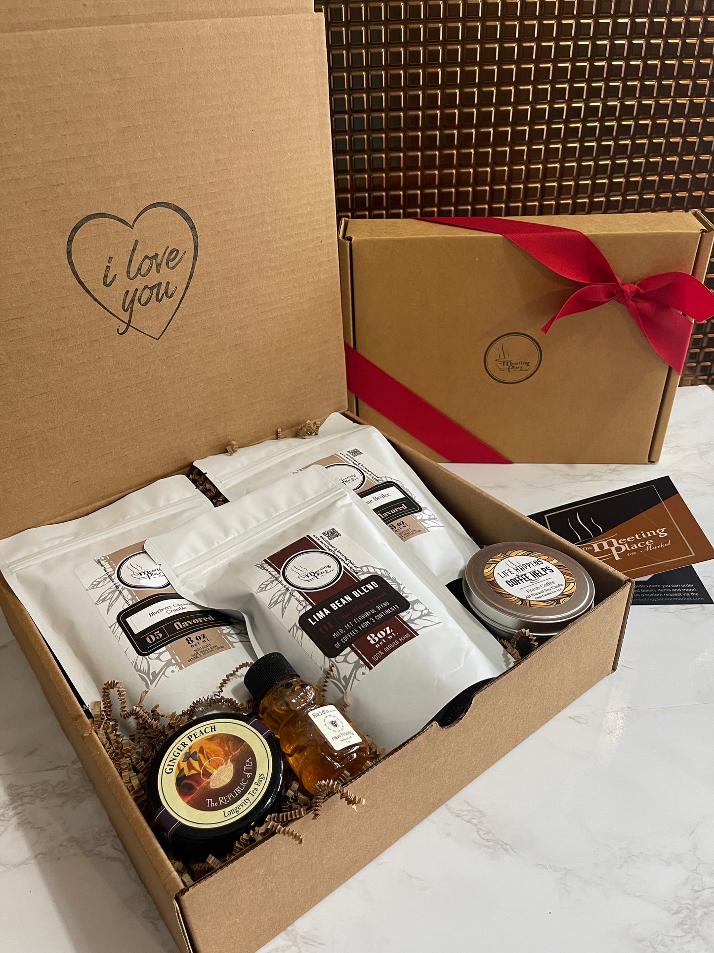 Coffee of the Month Deluxe Box with 3 Large Bags of Gournet Coffee, Tea, Honey, and Candle