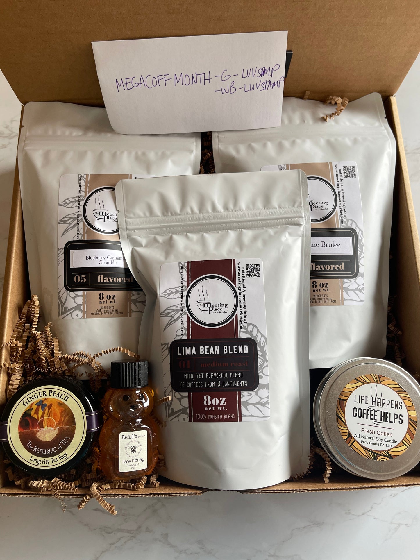Coffee of the Month Deluxe Box with 3 Large Bags of Gournet Coffee, Tea, Honey, and Candle