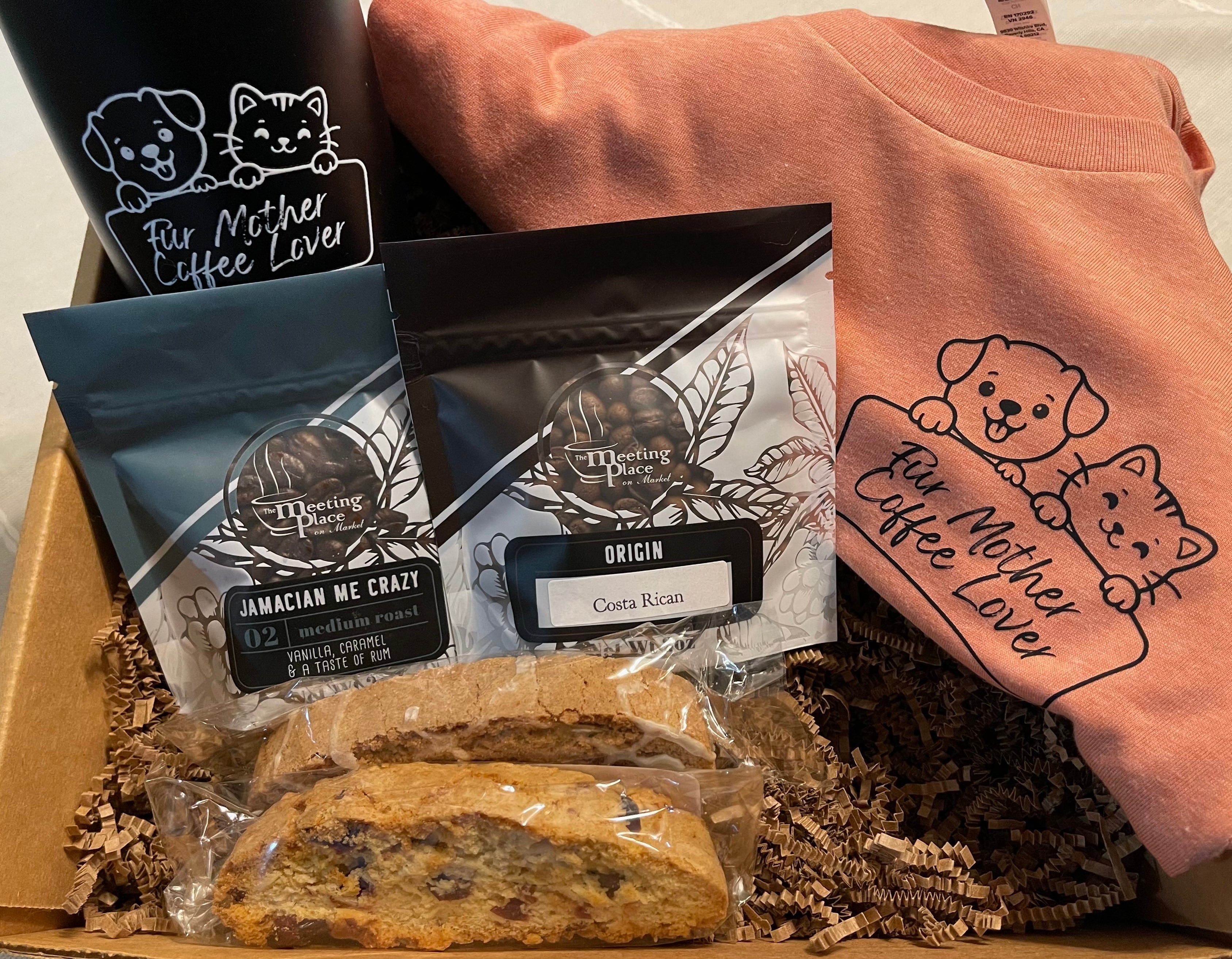 Fur Mother Coffee Lover Gift Basket: T-shirt, Tumbler,  Coffee, and Biscotti