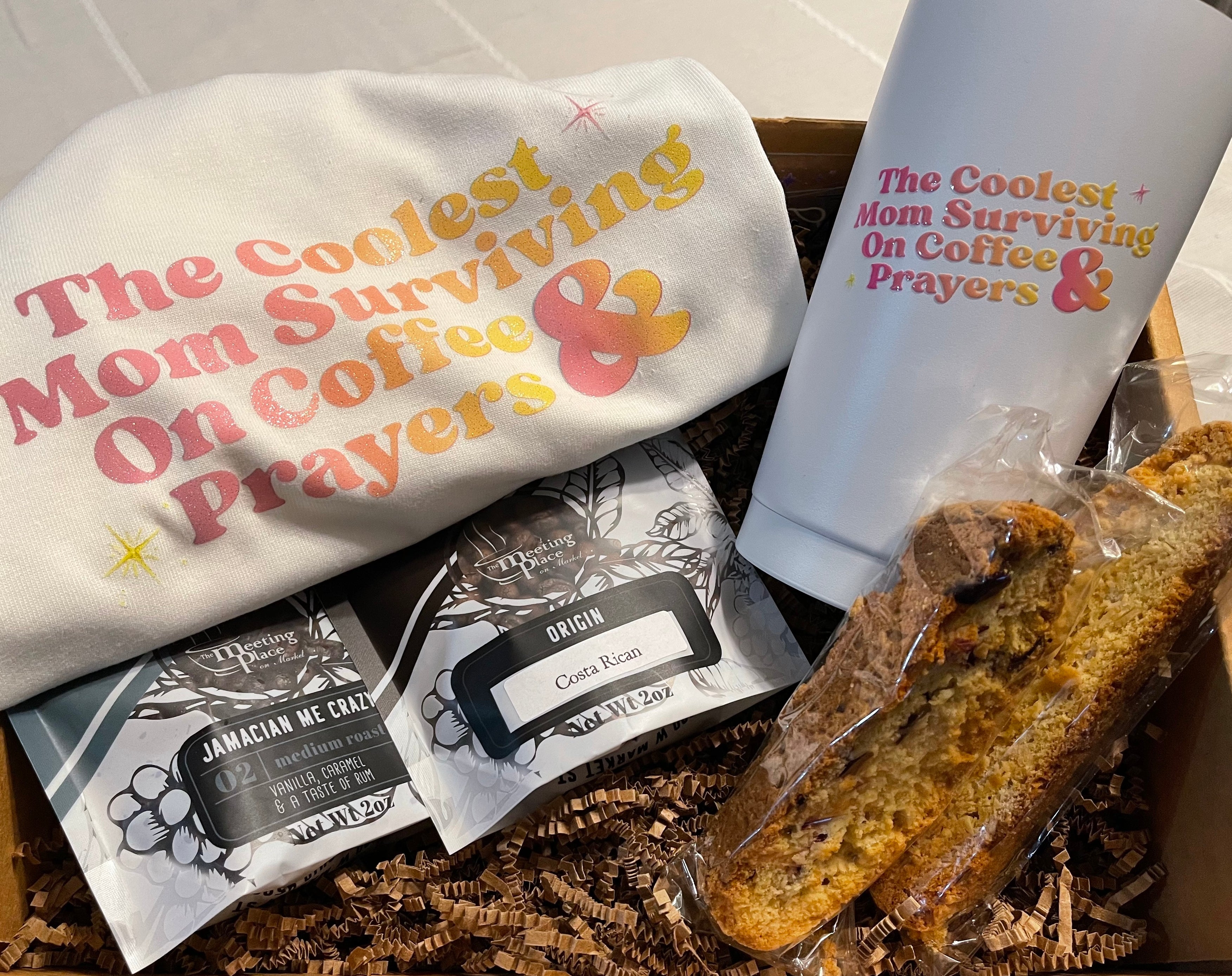 Coffee and Prayers Gift Basket: T-shirt, Tumbler, Coffee, and Biscotti