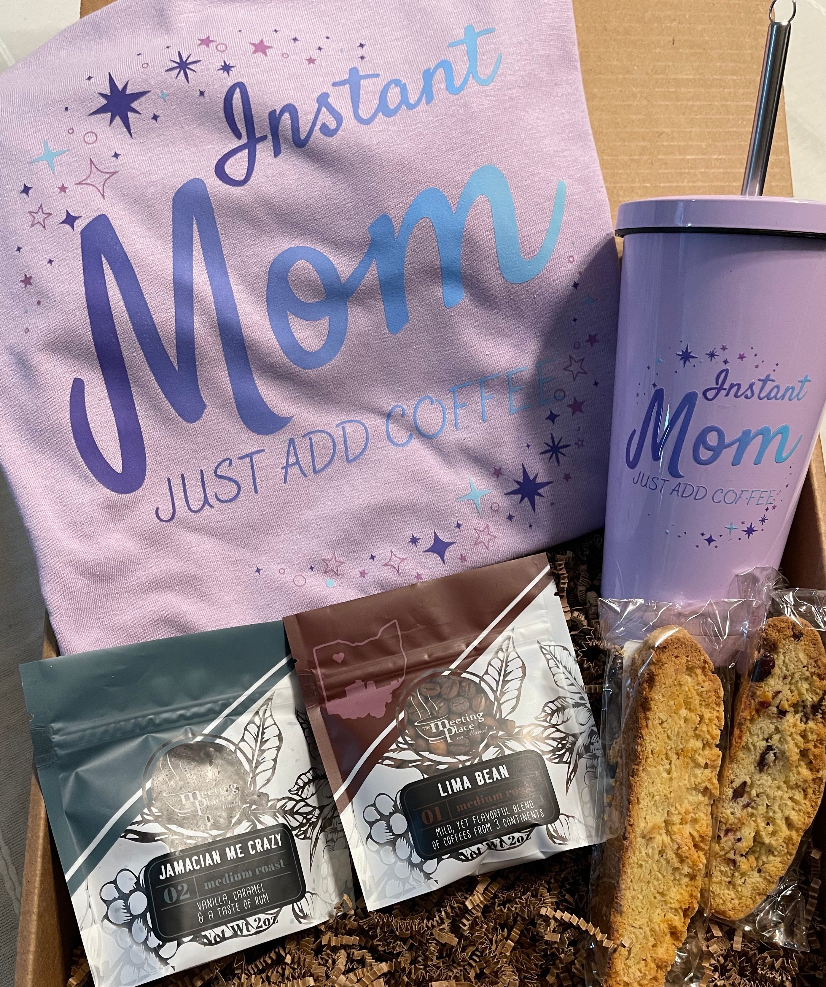 Instant Mom Gift Basket: T-Shirt, Tumbler, Coffee, and Biscotti