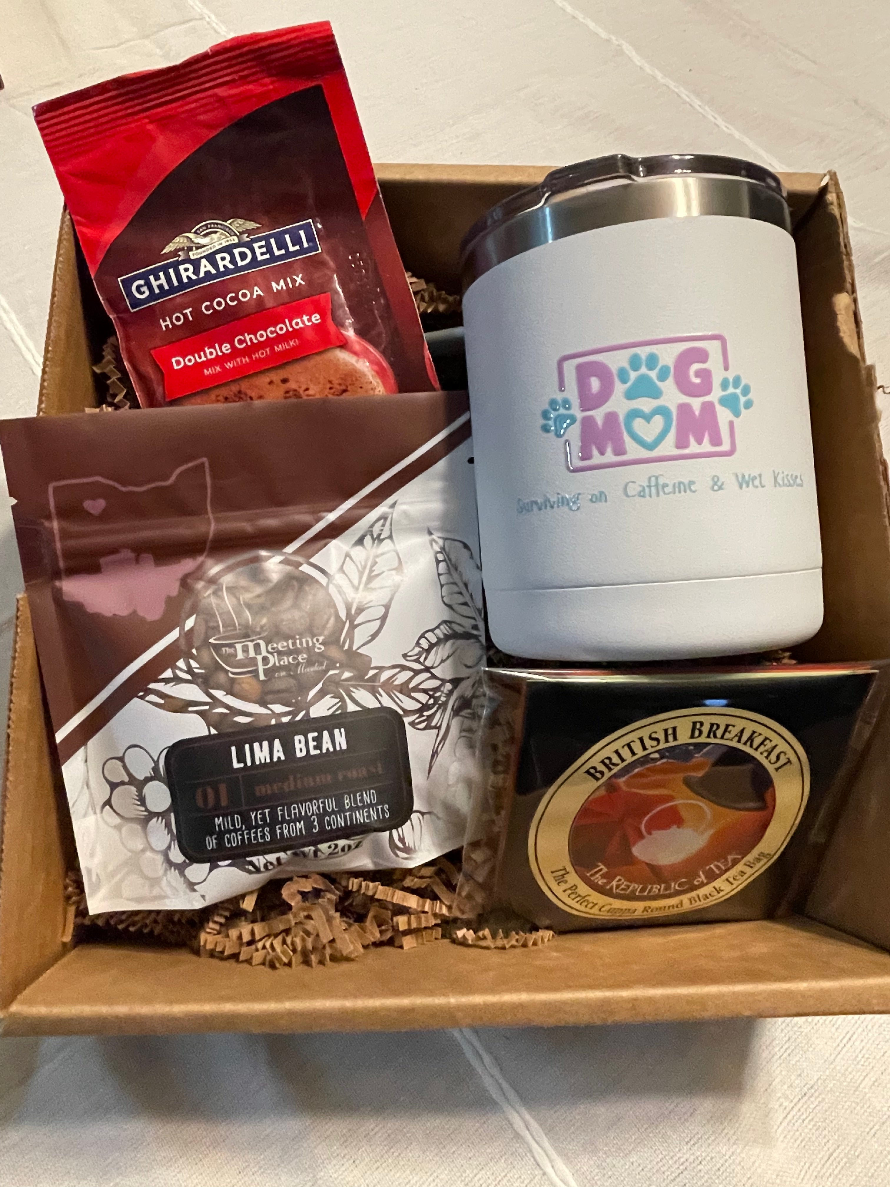 Dog Mom Beverage Gift Basket: Traveler Mug, Coffee, Hot Cocoa, and Tea