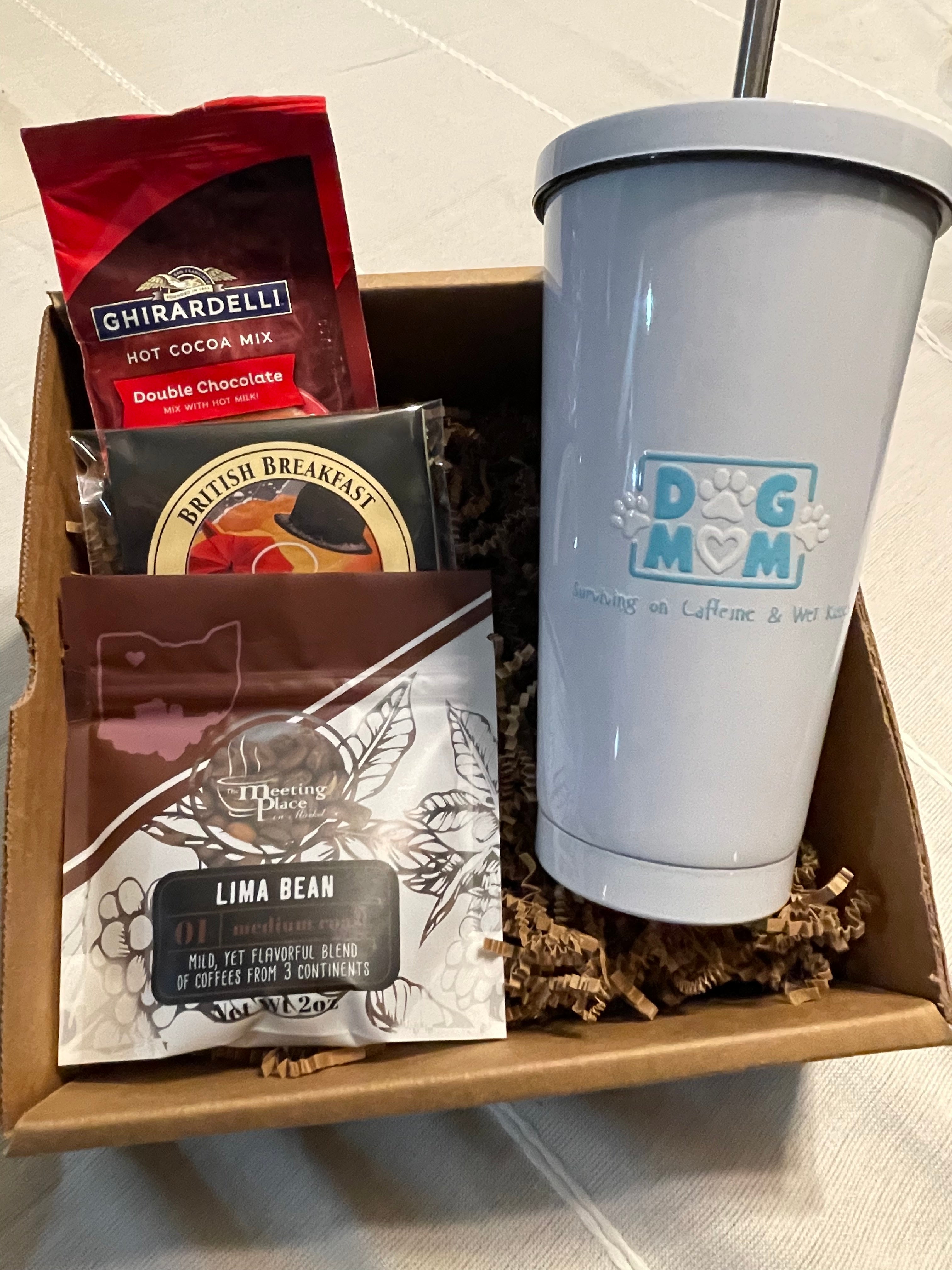 Dog Mom Beverage Gift Basket With Tumbler: Tumbler, Coffee, Tea, and Cocoa