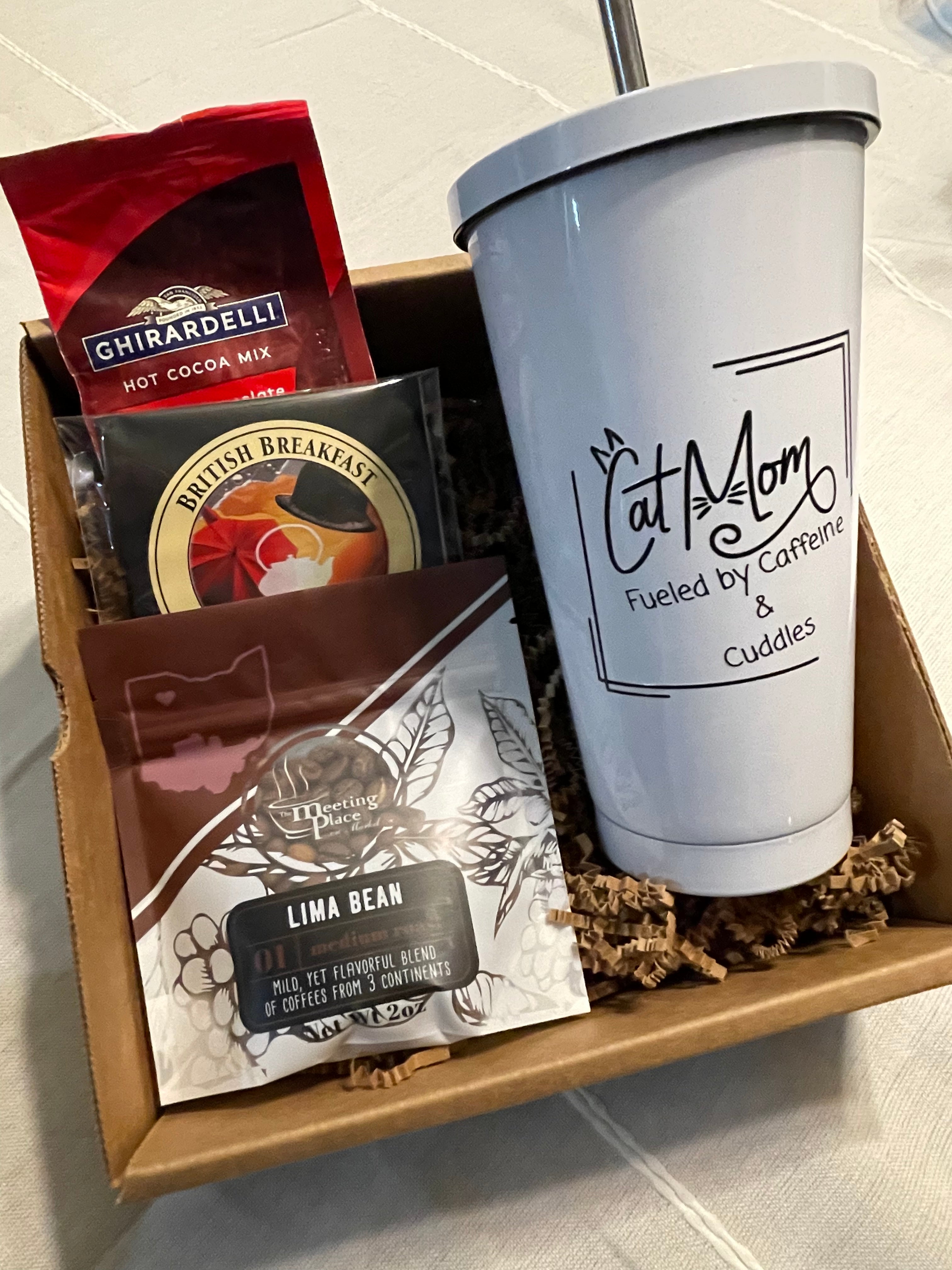Cat Mom Beverage Gift Basket: Tumbler, Coffee, Tea, and Cocoa