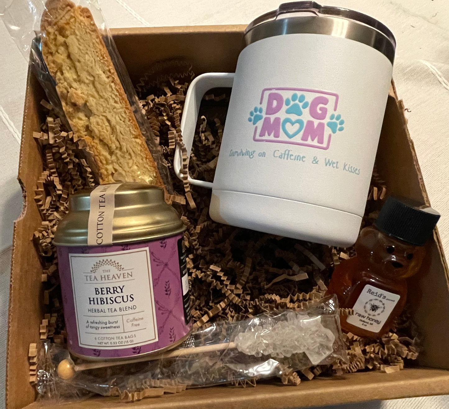 Dog Mom Gift Basket: Travel Mug, Tea, Sugar, Honey, and Biscotti