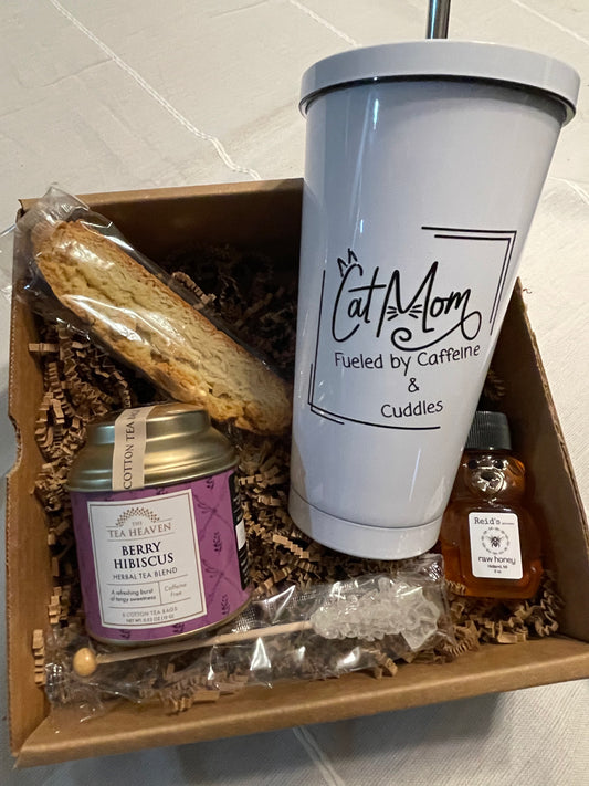 Cat Mom Gift Basket: Tumbler, Tea, Sugar, Honey, and Biscotti