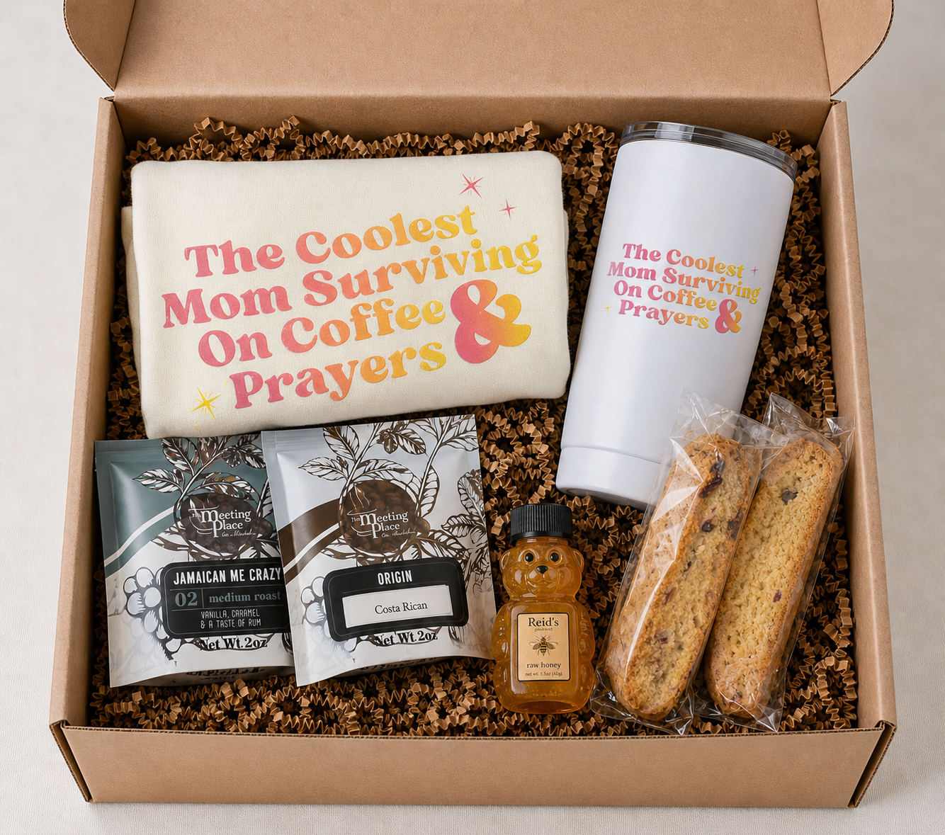 Coolest mom surviving on coffee & prayers gift box with coffee, biscotti, honey, tumbler, & t-shirt