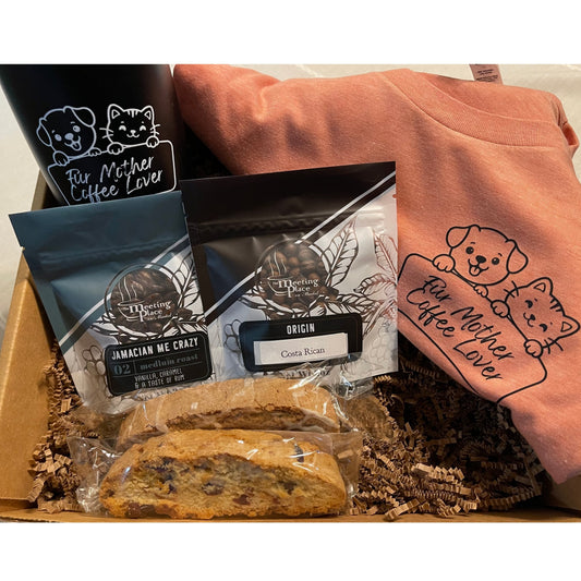 Gift set with coffee beans, cookies, and a mug with 'For Mother Coffee Lover' text.