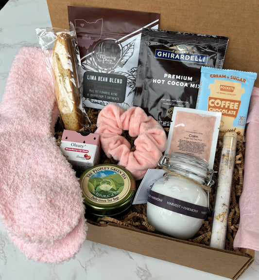 Self Care Gift Basket with Coffee, Chocolate, & Gifts to Pamper Her