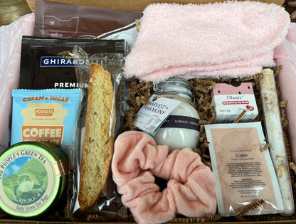 Self Care Gift Basket with Coffee, Chocolate, & Gifts to Pamper Her