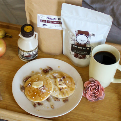 Breakfast in Bed Gift Box with Pancakes, Maple Syrup, and Coffee, and Wood Flower Magnet Mother's Day Gift Basket - The Meeting Place on Market