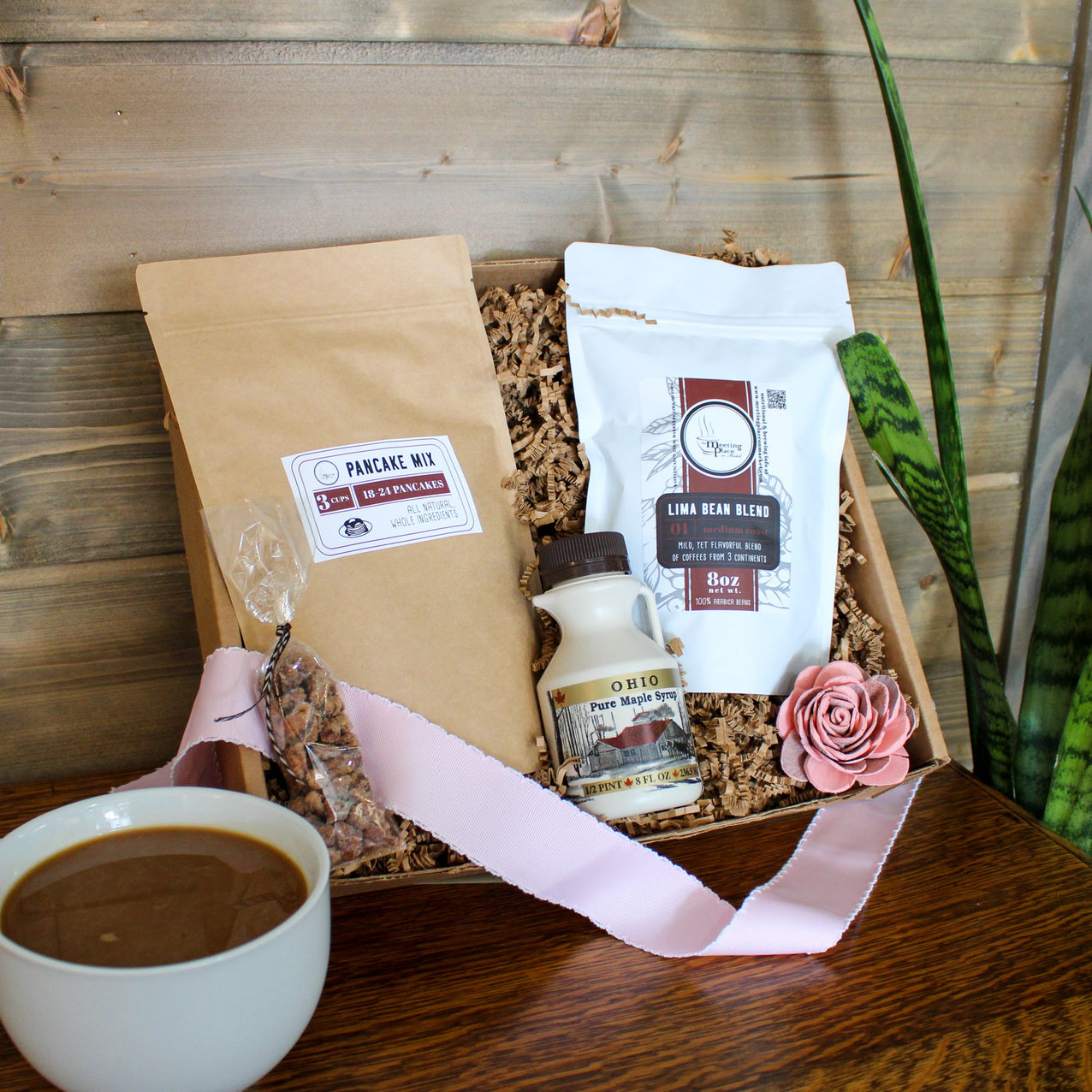 Breakfast in Bed Gift Box with Pancakes, Maple Syrup, and Coffee, and Wood Flower Magnet Mother's Day Gift Basket - The Meeting Place on Market