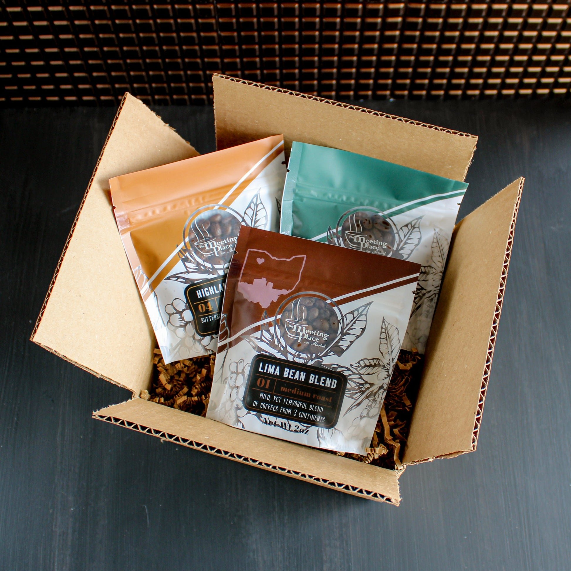Coffee of the Month Sampler Subscription Box, 2 oz. Bags Whole Bean or Ground Subscription Box - The Meeting Place on Market
