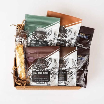 Fall Favorites Coffee Sampler Gift Box with Biscotti and Hot Cocoa Thank You Gift Basket - The Meeting Place on Market