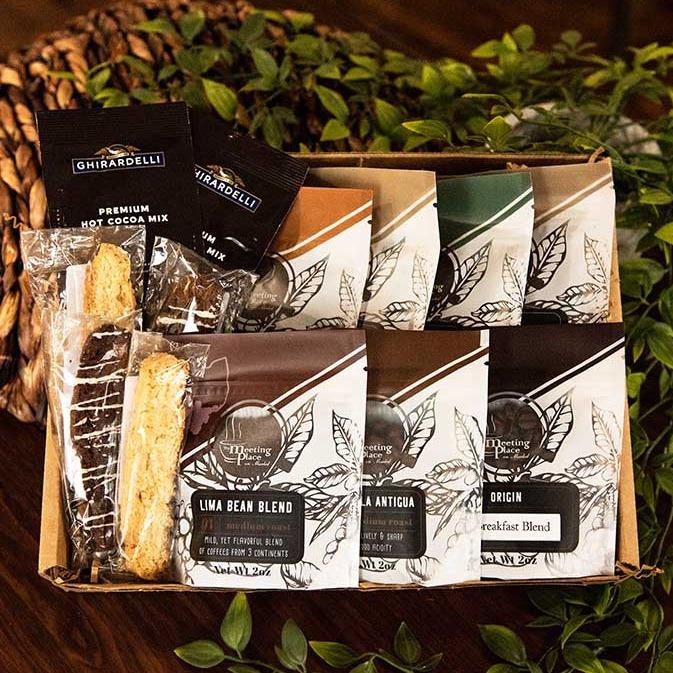 Father's Day Deluxe Coffee Gift Basket with 7 Coffees, Biscotti and Hot Cocoa Father's Day Gift Basket - The Meeting Place on Market