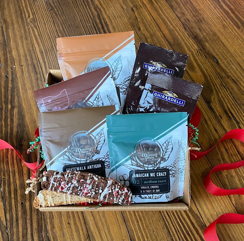 Holiday Flavored Coffee Sampler with Coffee, Cocoa, and Biscotti Christmas Gift Basket - The Meeting Place on Market