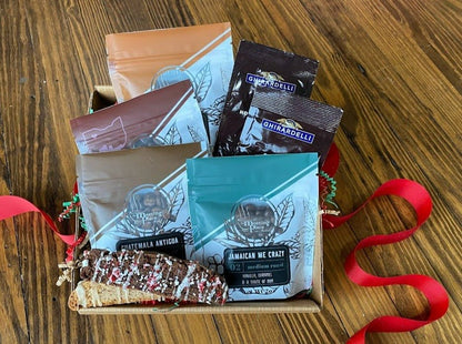 Holiday Flavored Coffee Sampler with Coffee, Cocoa, and Biscotti Christmas Gift Basket - The Meeting Place on Market