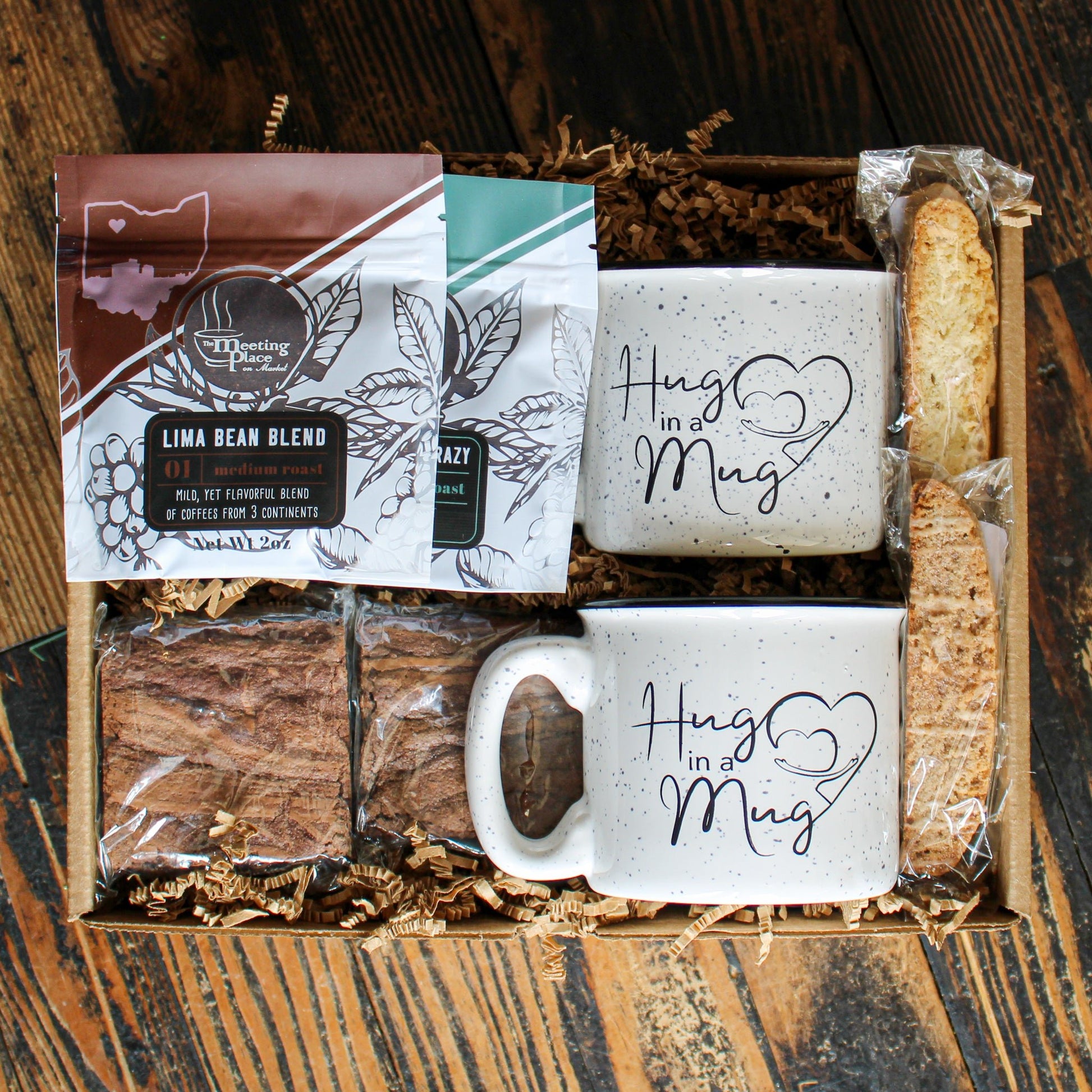 Mother's Day Gift Basket, Two "Hug in a Mug" Coffee Mugs, Biscotti and Brownie Gift Mother's Day Gift Basket - The Meeting Place on Market