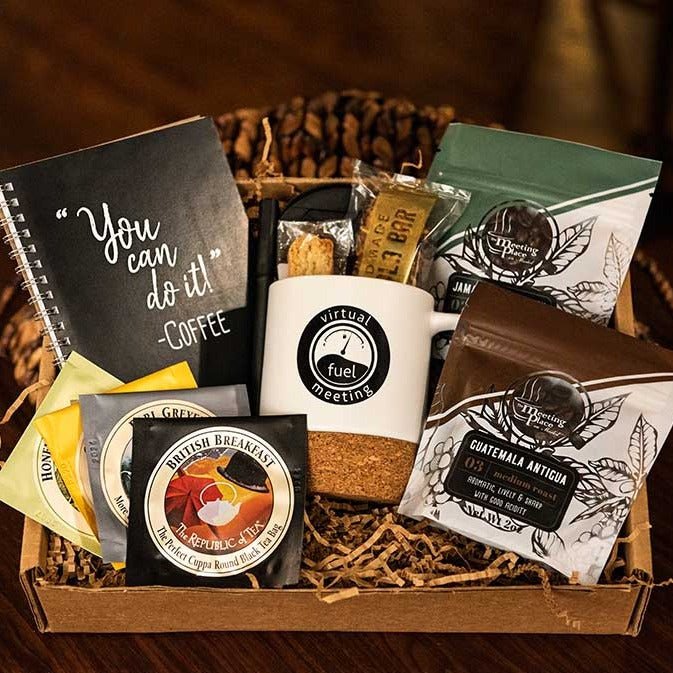 Virtual Meeting Coffee and Tea Gift Box with Mug, Notebook, Pen, and Snacks Corporate Gift Baskets - The Meeting Place on Market
