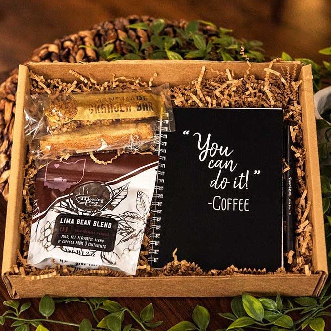 Virtual Meeting Coffee Gift Box with Notebook, Pen, and Snacks Corporate Gift Baskets - The Meeting Place on Market